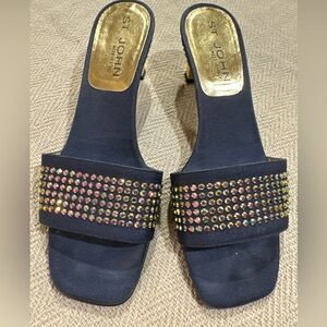 St. John Navy Kitten Heel Slides w Swarovski Crystals. Beautiful! Size 8-1/2